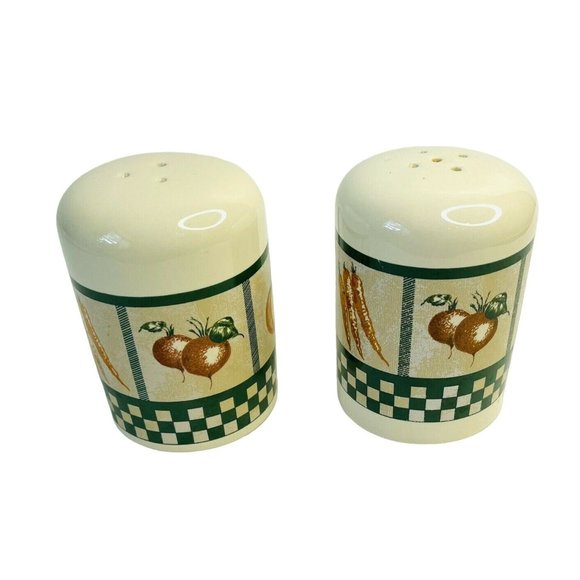Salt & Pepper Shakers Vegetables & Green Checker Pattern Vintage Himark Ceramic - Picture 4 of 6